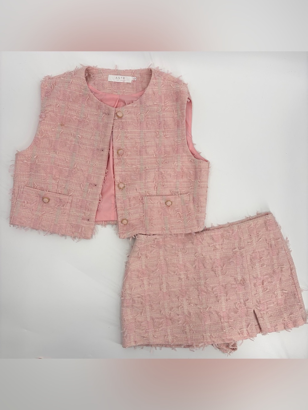 Astr Pink Tweed Cropped Vest and Matching Mini Skirt Set